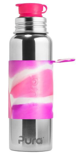 Pura sportfles RVS 850 ml + pink sportdop + pink swirl sleeve