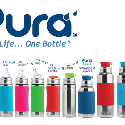 Pura thermos rietjesfles RVS 260 ml + silicone rietje + silicone reisdop + blauwe bumper