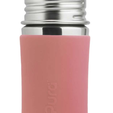 Pura speenfles RVS 325 ml + silicone speen medium flow + silicone reisdop + rose sleeve