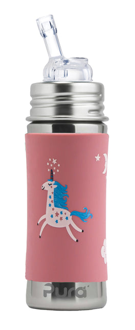 Pura rietjesfles RVS 325 ml + silicone rietje + silicone reisdop + unicorn sleeve