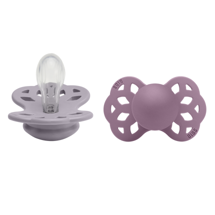 <tc>BIBS</tc> <tc>tétine</tc> Taille 1 silicone symétrique fossile gris/mauve 2pcs.