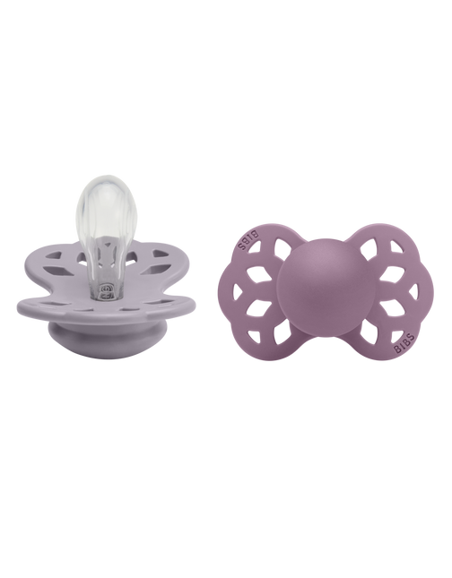 <tc>BIBS</tc> <tc>tétine</tc> Taille 1 silicone symétrique fossile gris/mauve 2pcs.