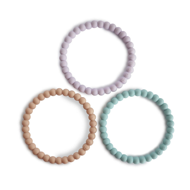 <tc>Mushie</tc> Bracelet anneau de dentition en silicone Lilas/Cyan/Pêche douce 3pcs