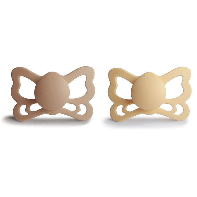 <tc>Frigg</tc> <tc>tétine</tc> Taille 2 Papillon jonquille pâle/satin soyeux Silicone 2-Pack.