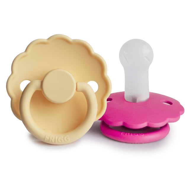 <tc>Frigg</tc> <tc>tétine</tc> Taille 2 Daisy Daffodil/Fuchsia Silicone 2-Pack