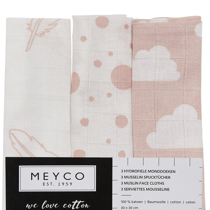 <tc>Meyco</tc> Mouthwipe 3St Plumes-Clouds-Dots Rose/Blanc