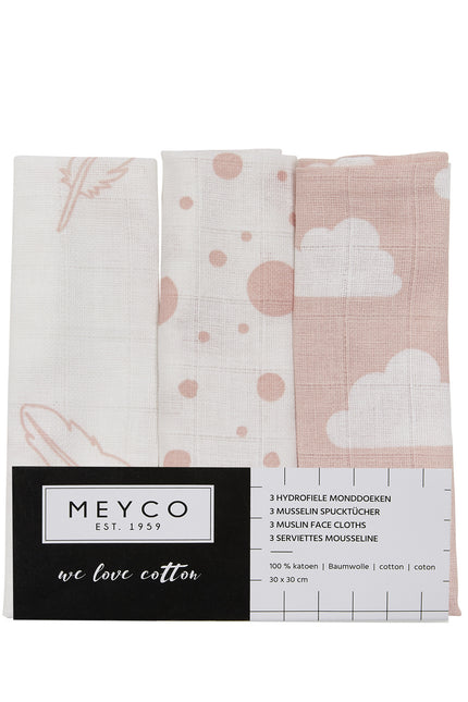 <tc>Meyco</tc> Mouthwipe 3St Plumes-Clouds-Dots Rose/Blanc