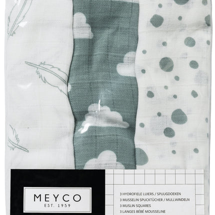 <tc>Meyco</tc> Tissu hydrophile 3St Plumes-Nuages-Points Vert pierre/Blanc 100% coton