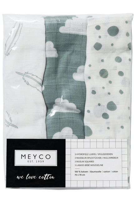 <tc>Meyco</tc> Tissu hydrophile 3St Plumes-Nuages-Points Vert pierre/Blanc 100% coton