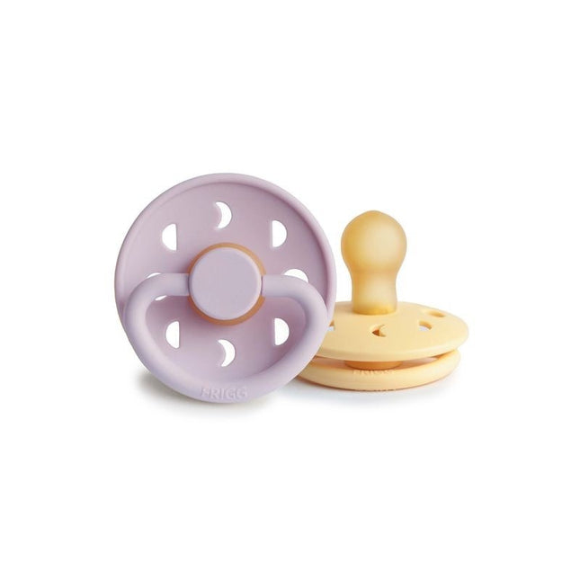 <tc>Frigg</tc> <tc>tétine</tc> Taille 1 Lune jonquille pâle/lilas doux latex 2 paquets.