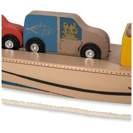 <tc>Konges Slojd</tc> Bateau en bois avec des voitures et un chat