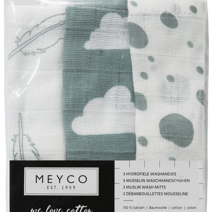 <tc>Meyco</tc> Gant de toilette 3St Plumes-Nuages-Points Vert pierre/Blanc