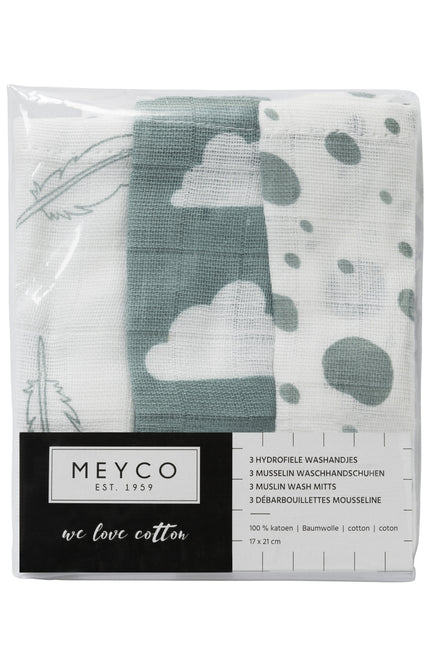 <tc>Meyco</tc> Gant de toilette 3St Plumes-Nuages-Points Vert pierre/Blanc