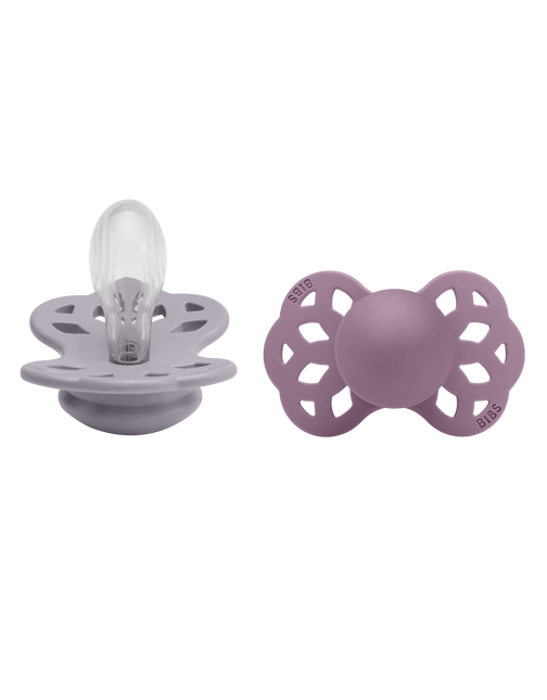 <tc>BIBS</tc> <tc>tétine</tc> Taille 2 silicone symétrique fossile gris/mauve 2pcs.