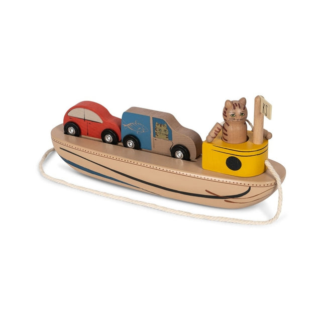 <tc>Konges Slojd</tc> Bateau en bois avec des voitures et un chat