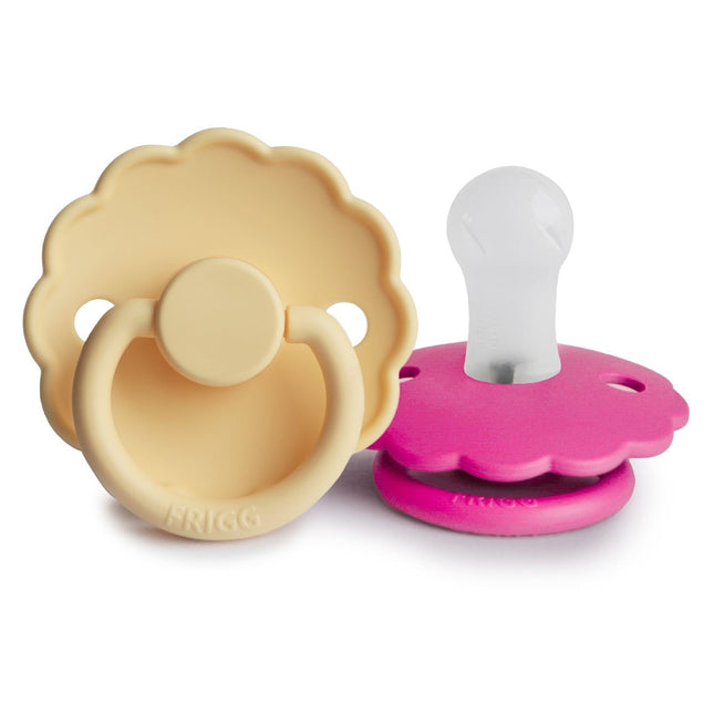 <tc>Frigg</tc> <tc>tétine</tc> Taille 1 Daisy Daffodil/Fuchsia Silicone 2-Pack