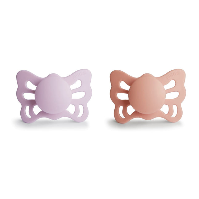 <tc>Frigg</tc> <tc>tétine</tc> Taille 1 Butterfly Soft Lilas/Pretty Peach Silicone 2-Pack